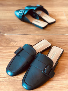 Black Buckle Mules