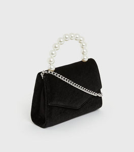 Black Velvet Faux Pearl Cross Body Bag