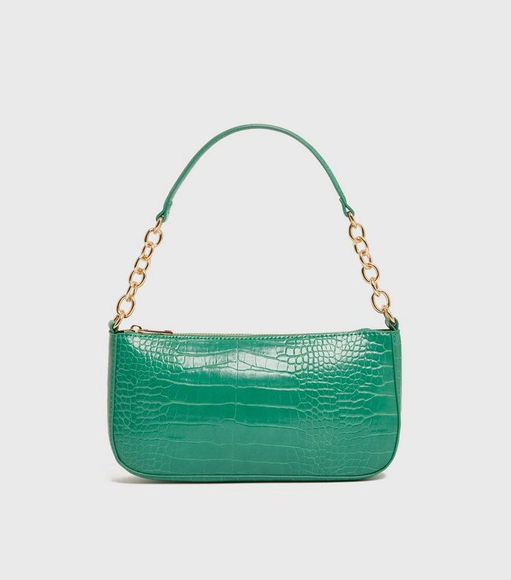 Green Faux Croc Chain Shoulder Bag