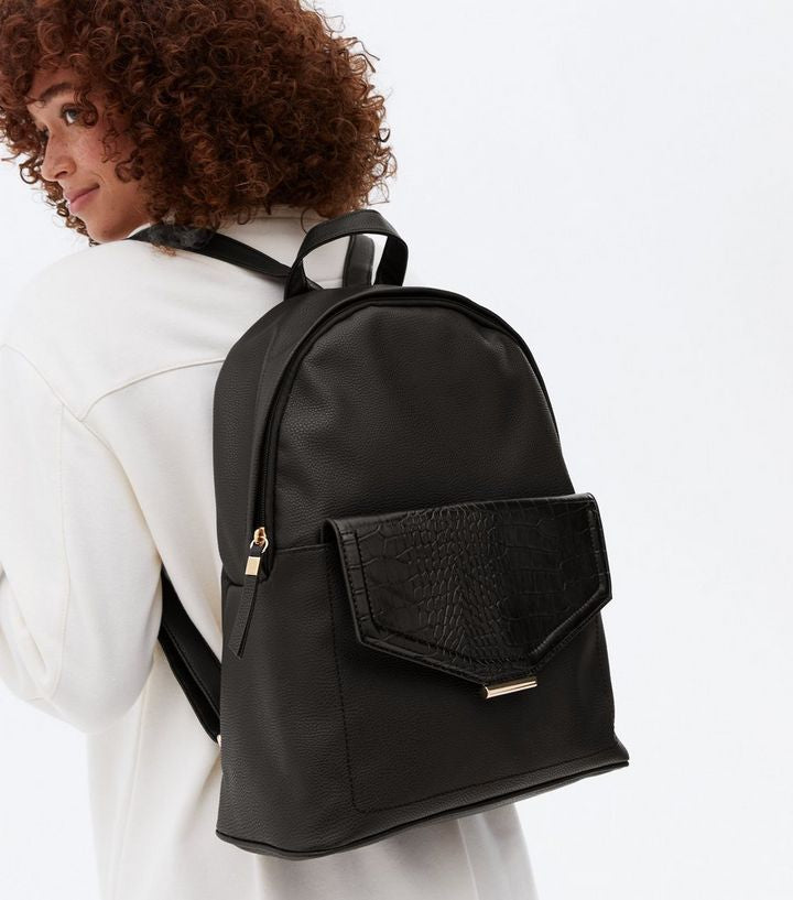 Black Faux Croc Pocket Backpack